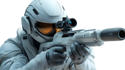 Astronaut aiming futuristic rifle SciFi soldier hightech weapon