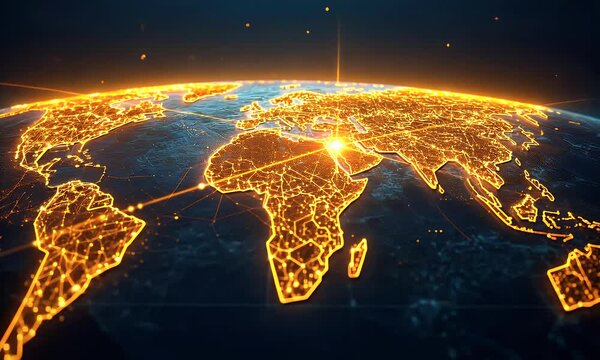 Digital world map with connected user icons  
