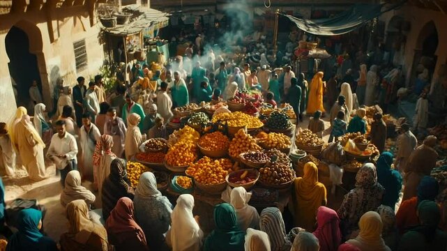 Bustling marketplace overflowing with vibrant fruits and a diverse crowd