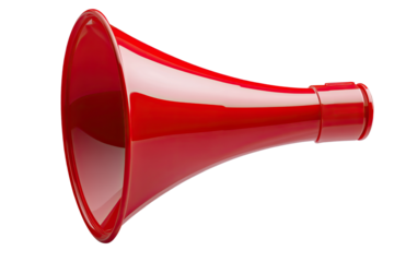 A vibrant red megaphone ready to amplify a powerful message, a symbol of urgent announcements and important news, showcasing its glossy finish against a clean white background.