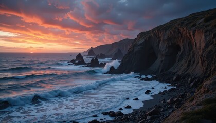 Fototapeta premium Serene Coastal Landscape with Dramatic Sunset Over Rocky Shoreline