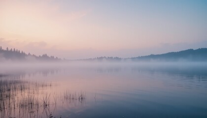 Fototapeta premium Serene Misty Lake at Dawn with Soft Pastel Sky and Reflection