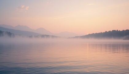 Fototapeta premium Serene Morning Mist Over Calm Lake with Soft Mountain Background