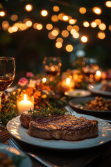 Table set with plates and glasses of wine, lit by glowing candlelight - an elegant and inviting dining arrangement.