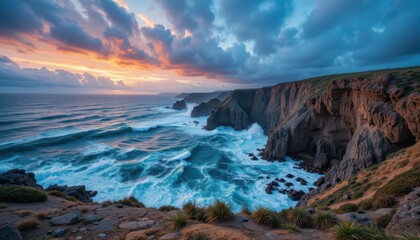 Obraz premium Serene Coastal Landscape at Twilight with Waves and Dramatic Skies