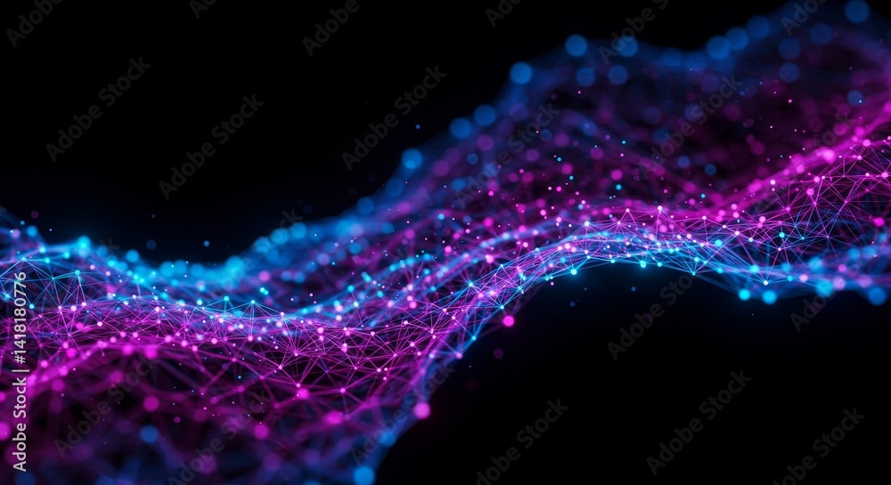 Wall mural abstract network data flow - dynamic wave of interconnected nodes, vibrant pink and blue hues on a b