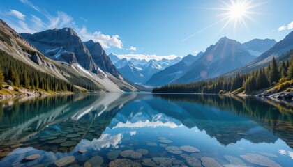 Serene Rocky Mountain Lake Reflection with Clear Blue Sky