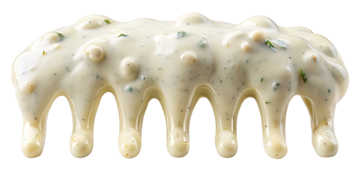 Thick and creamy white sauce with herb bits and drips on black backdrop