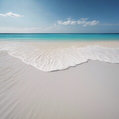 A picturesque beach with soft, white sand, surrounded by azure waters and bathed in sunlight.