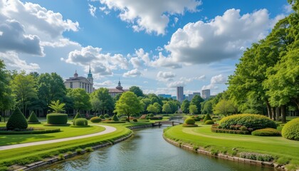 Serene Park Landscape with Lush Greenery and Expansive Blue Sky