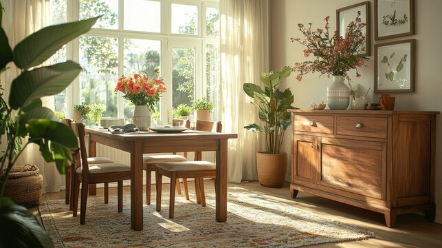 Sunny dining room with wooden table and chairs