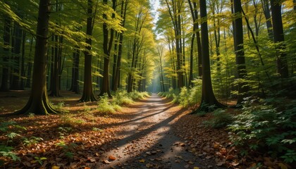 Fototapeta premium Serene Pathway through Lush Green Forest with Sunlight Rays