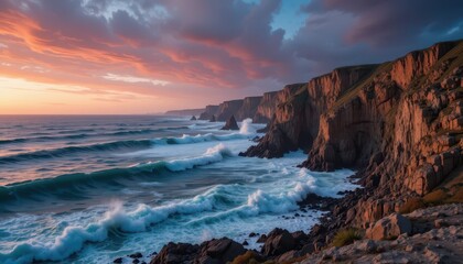 Fototapeta premium Stunning Sunset Over Dramatic Coastal Cliffs and Turquoise Waves