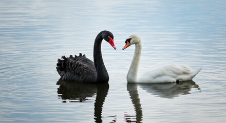Black and White Swans on Calm Water - Two swans, one black and one white, facing each other on a serene lake