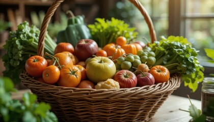Fresh Harvest Basket Full of Colorful Fruits and Crisp Vegetables