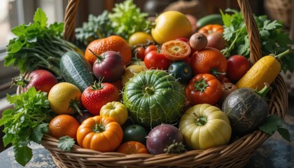Fresh and Colorful Harvest of Vegetables and Fruits in a Basket