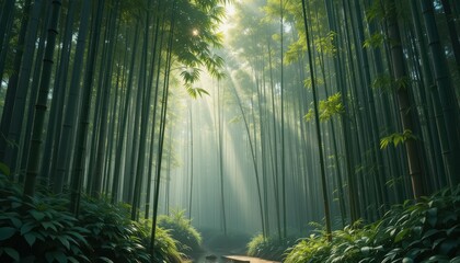 Serene Bamboo Grove with Gentle Light Rays in Lush Green Forest