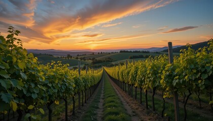Fototapeta premium Serene Vineyard Landscape at Sunset with Lush Green Grapevines