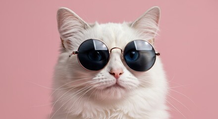 Cool Cat in Sunglasses - A fluffy white cat wearing round, dark sunglasses against a pink background. Stylish and adorable pet portrait