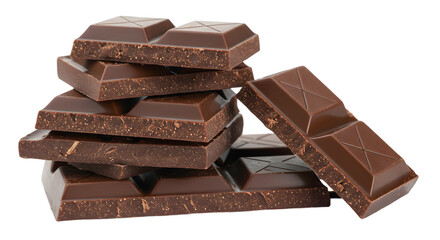 A close up shot of a stack of chocolate bars on a black background showing the texture and design of bars on transparent background