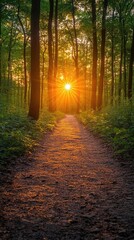 Fototapeta premium Serene forest path illuminated by sunset, surrounded by lush greenery and tall trees