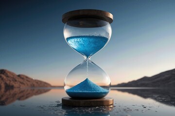 Hourglass with blue sand and water time management concept for deadlines and time passing by rapidly