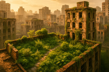 Fototapeta premium Urban Jungle in Abandoned City at Sunset