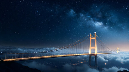 Obraz premium Nighttime Suspension Bridge Over Misty Clouds With Starry Sky