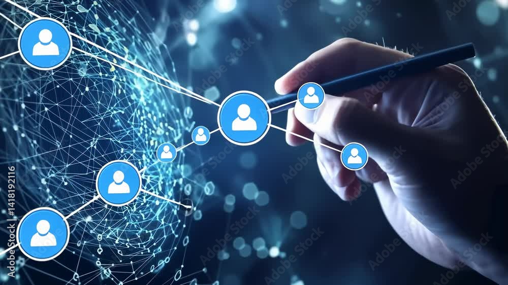 Aufkleber A skilled hand with a pencil creates connections in a complex digital network of user icons, symbolizing intricate data interaction and strong connectivity in our techdriven world