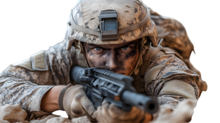 Closeup of soldier aiming rifle military camouflage combat