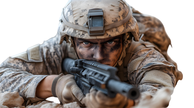 Closeup of soldier aiming rifle military camouflage combat