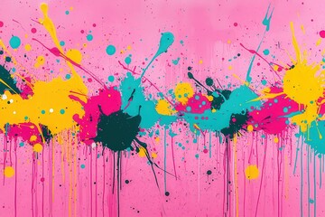 A vibrant abstract painting featuring splashes of yellow, teal, black, and pink against a bright pink background, creating a lively and energetic visual effect.