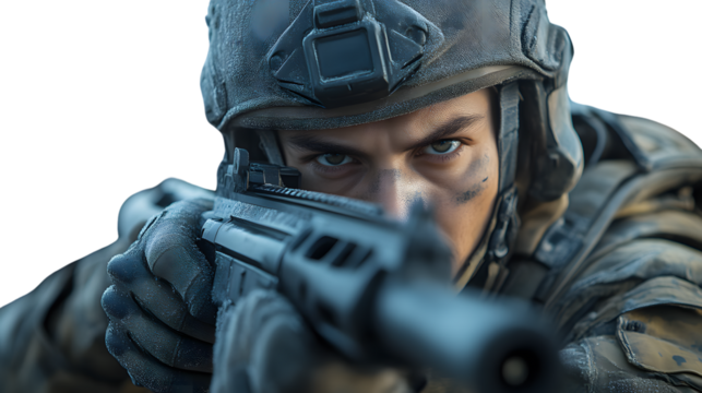 Closeup of soldier aiming rifle tactical gear military combat