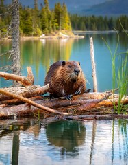 Beaver building a dam in a Canadian lake, logs and branches piled up