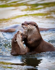 Group of river otters playing in a North American river