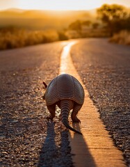 Armadillo crossing a dirt road in Texas, sunset glow behind it