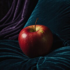 A glowing apple resting on a velvet cushion.