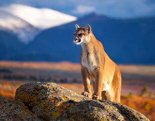 Puma standing on rock in Patagonia landscape