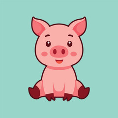 Cute pig cartoon vector mascot sitting simple minimalist flat isolated
