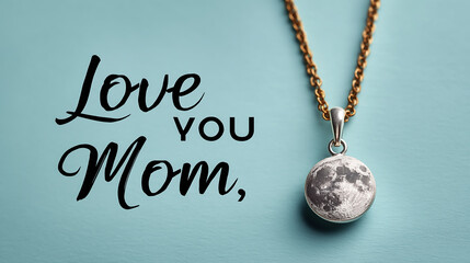 Solid pastel blue background with single silver moon charm featuring a soft glow and Love You Mom in cursive calligraphy beside it, sharp focus and balanced exposure

