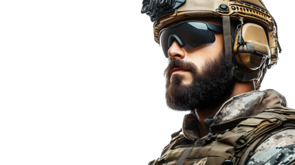 Closeup portrait of a bearded soldier in tactical gear against a black background