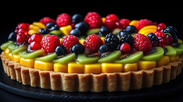 A colorful fruit tart with fresh berries and kiwi slices perfect for dessert or culinary photo