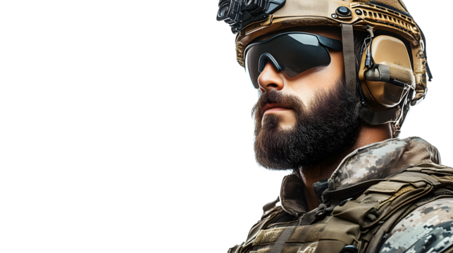 Closeup portrait of a bearded soldier in tactical gear against a black background