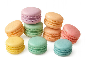 Obraz premium Delightful Macarons: A colorful assortment of delicate macarons, each with its own pastel hue, stacked in a visually appealing arrangement, a treat for the eyes and the palate. 