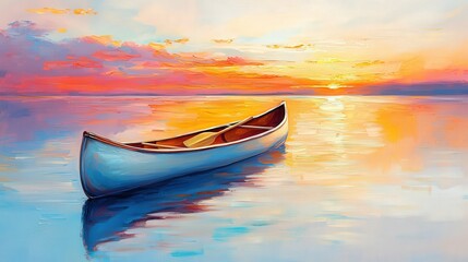 Fototapeta premium A serene canoe floats on calm waters as a vibrant sunset casts colorful reflections, creating a peaceful and picturesque scene.