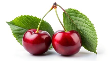 two cherries with leaves