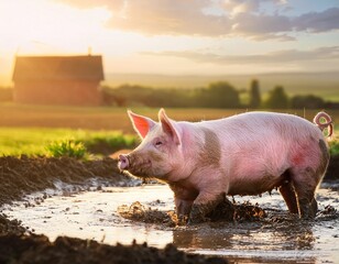 Pink pig playing in the mud under the sun, farm in the distance