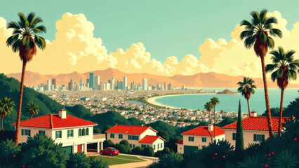 Landscape with palms, suburban houses in the first plan and downtown city center in the background. Los Angeles Art Deco travel poster. Handmade drawing