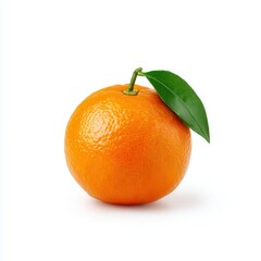 Single orange with leaf still attached on white background