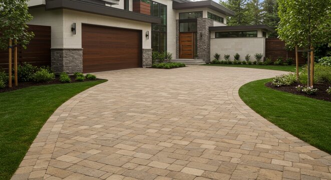 Elegant Stone Driveway Design - A curved driveway made of light brown pavers leads to a modern home. Landscaping complements the elegant design